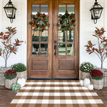 Fall Ourdoor Rug Farmhouse Brown and White Buffalo Check Rug Layered Welcome Door Mat for Front Porch Decor, Front