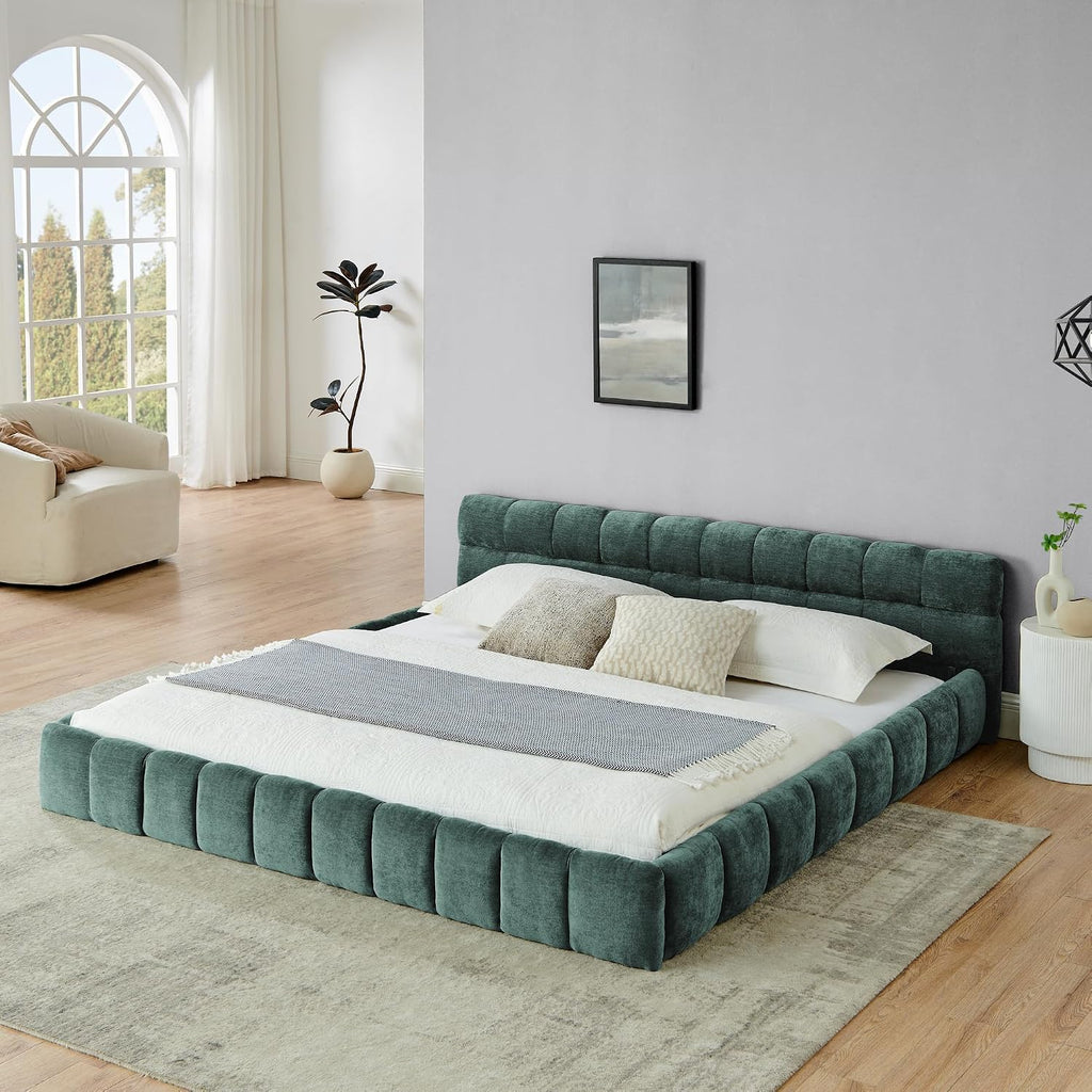 Upholstered Platform Bed Frame with Headboard, Modern Low Profile Grounded Bed Frame, Chunky Fluted Chenille