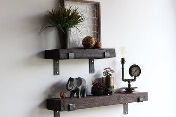 Reclaimed Barn Beam Accent Shelves | Floating or with Brackets Rustic Shelves, Set of 2 | (Bracketed Coffee Bean