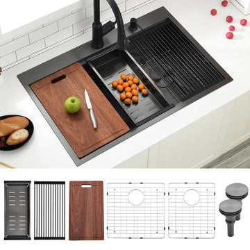 33 Black Drop Sink Double Bowl, 33x22 Inch 16 Gauge Black Stainless Steel Drop In Workstation Double Sink Kitchen