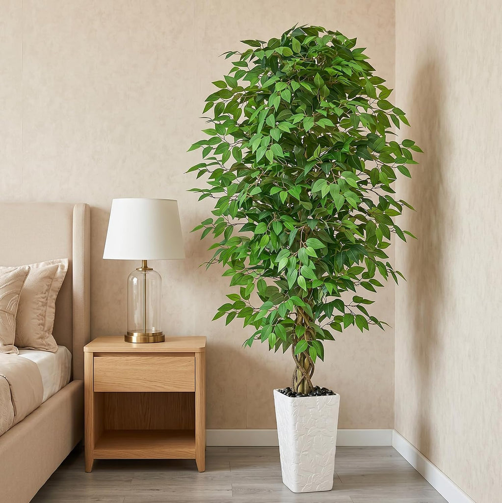 6FT Artificial Ficus Tree, Large Fake Ficus Tree White Planter