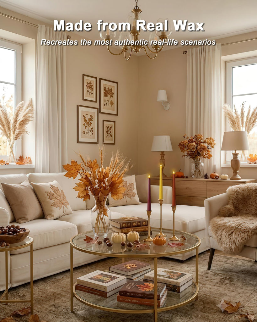 Real Wax Flameless Taper Candles, 9.6 Inch Warm Fall Colors Battery Operated LED Candlesticks 3 Pcs with Remote Timer