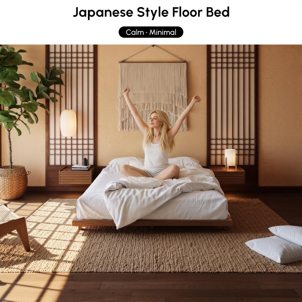 Japanese Style Queen Floor Bed Frame, 6.3" Low Profile Tatami Platform Bed with Carbon Steel Slats & Wood-Finished