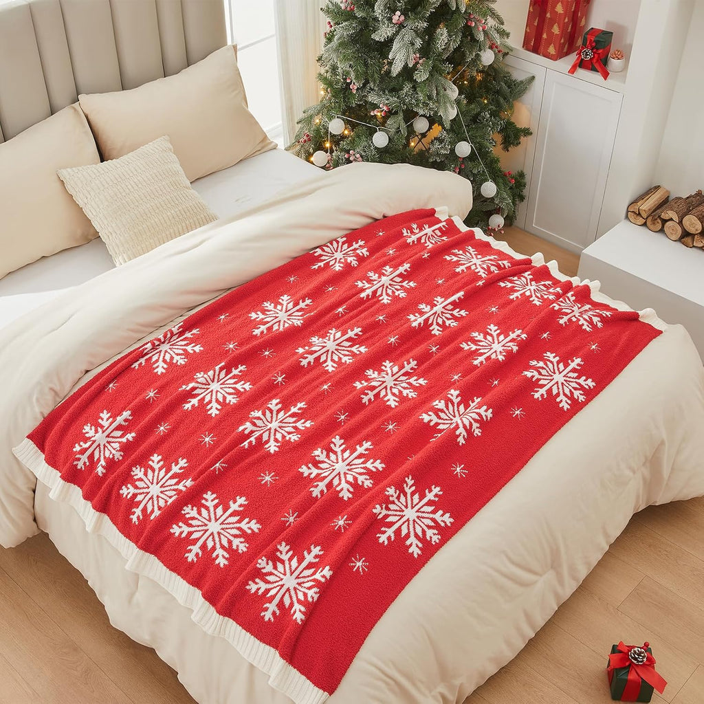 Reversible Knitted Throw Blanket, Red Christmas Snowflake, 60"x80"