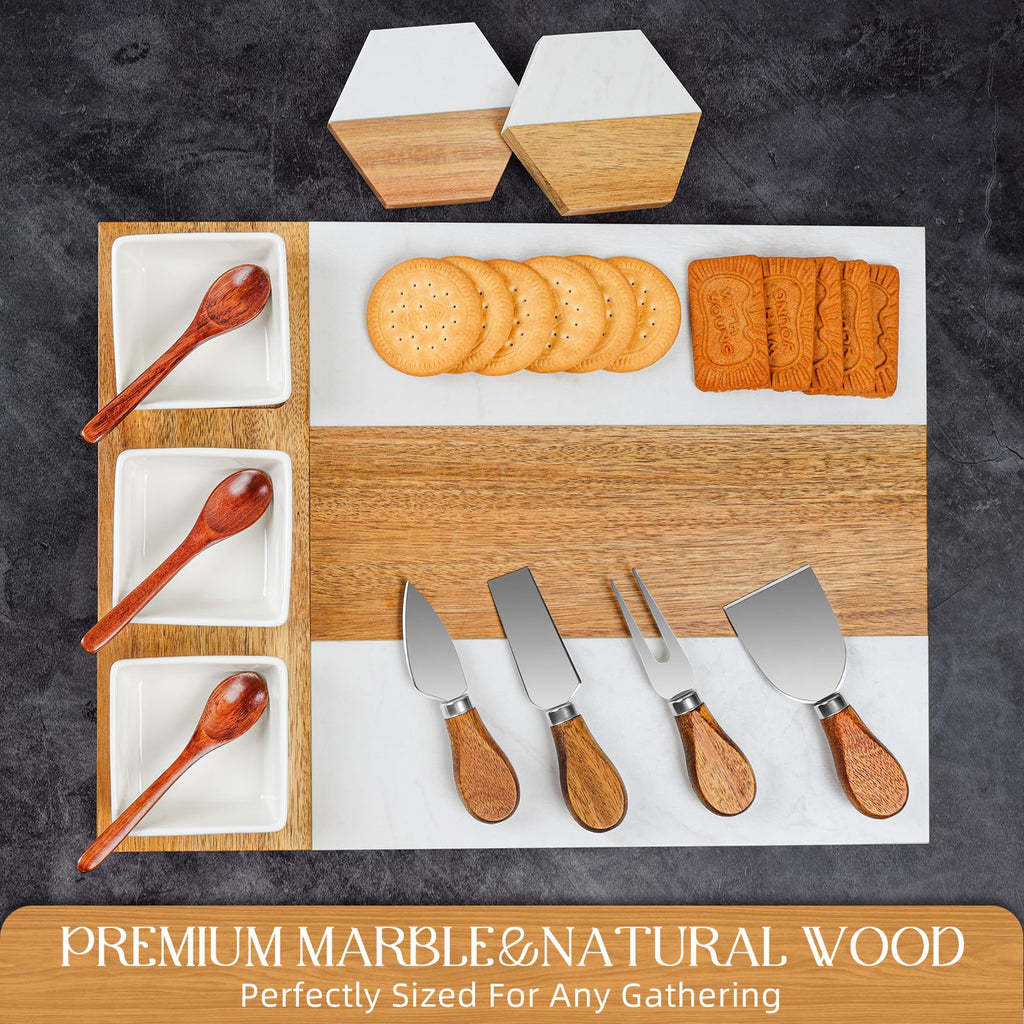 Charcuterie Board Set - Large Marble Cheese Board - Perfect Wood Charcuterie Boards Accessories Housewarming Gifts