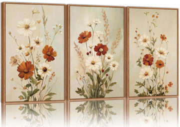 Retro Floral Framed Canvas Wall Art Set, Rustic Red and White Flowers Wall Decor, Vintage Watercolor Wildflower