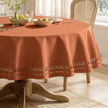 60 Inch Round Fall Tablecloth with Decorative Cutouts Burnt Orange