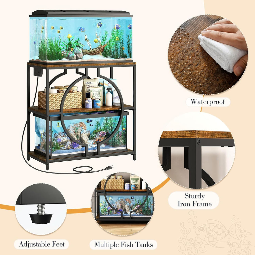 20-29 Gallon Aquarium Stand with Power Outlet, 3 Tier Heavy Duty Metal Fish Tank Stand with Storage Shelf, Fish Tank