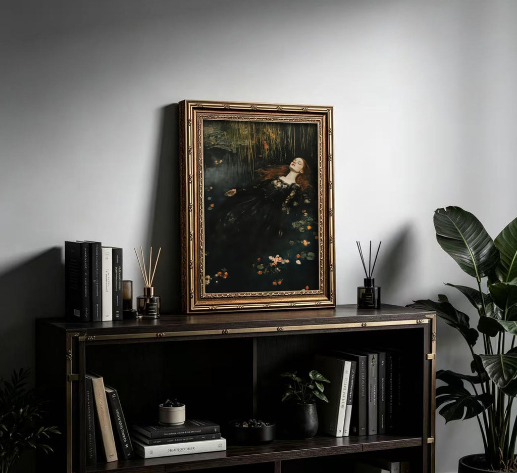 Vintage Gold Framed Ophelia Wall Art, Victorian Gothic Oil Painting Canvas Print, Classic Dark Academia Aesthetic Wall