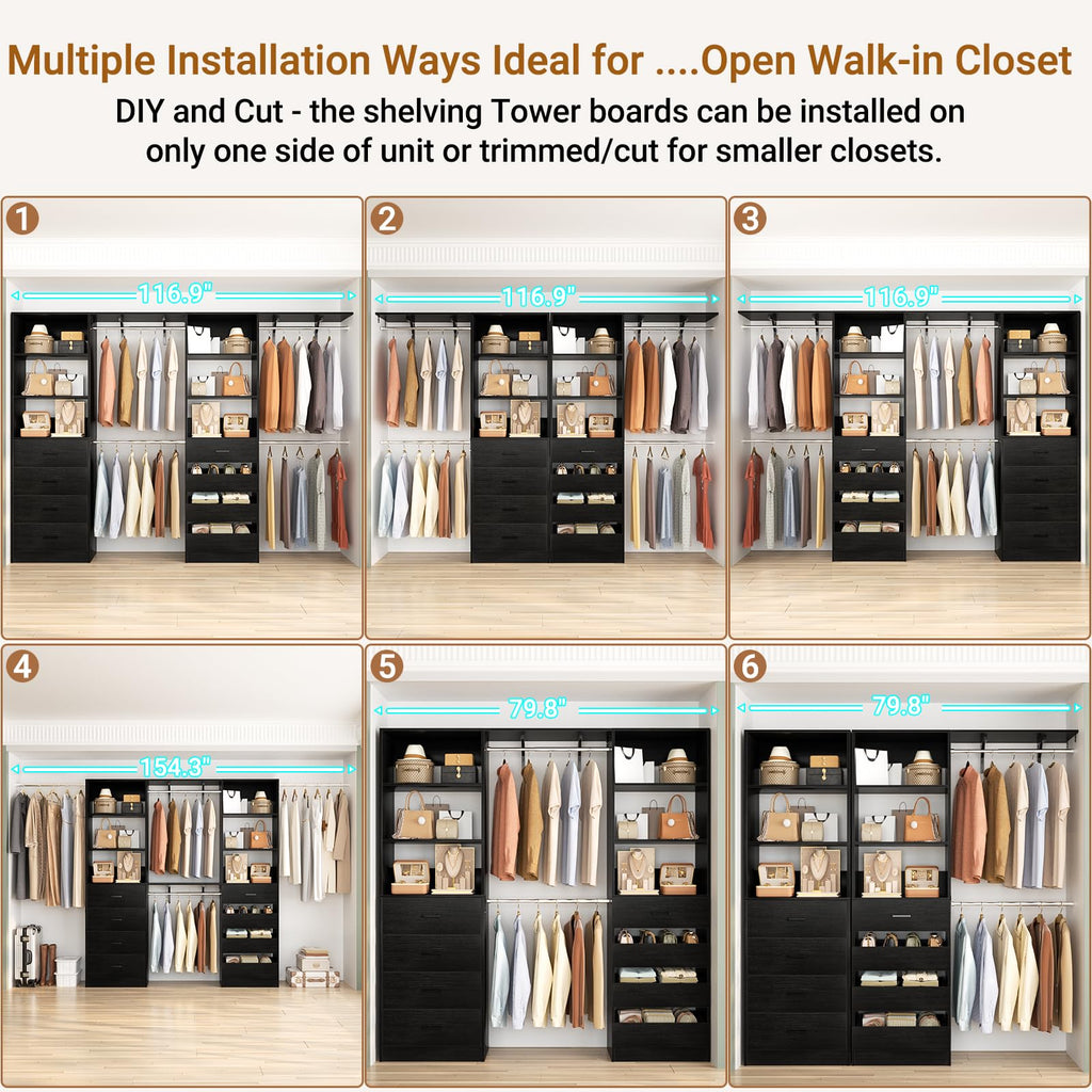 Closet System, Wood Closet Organizer System with 8 Drawers &4 Rods