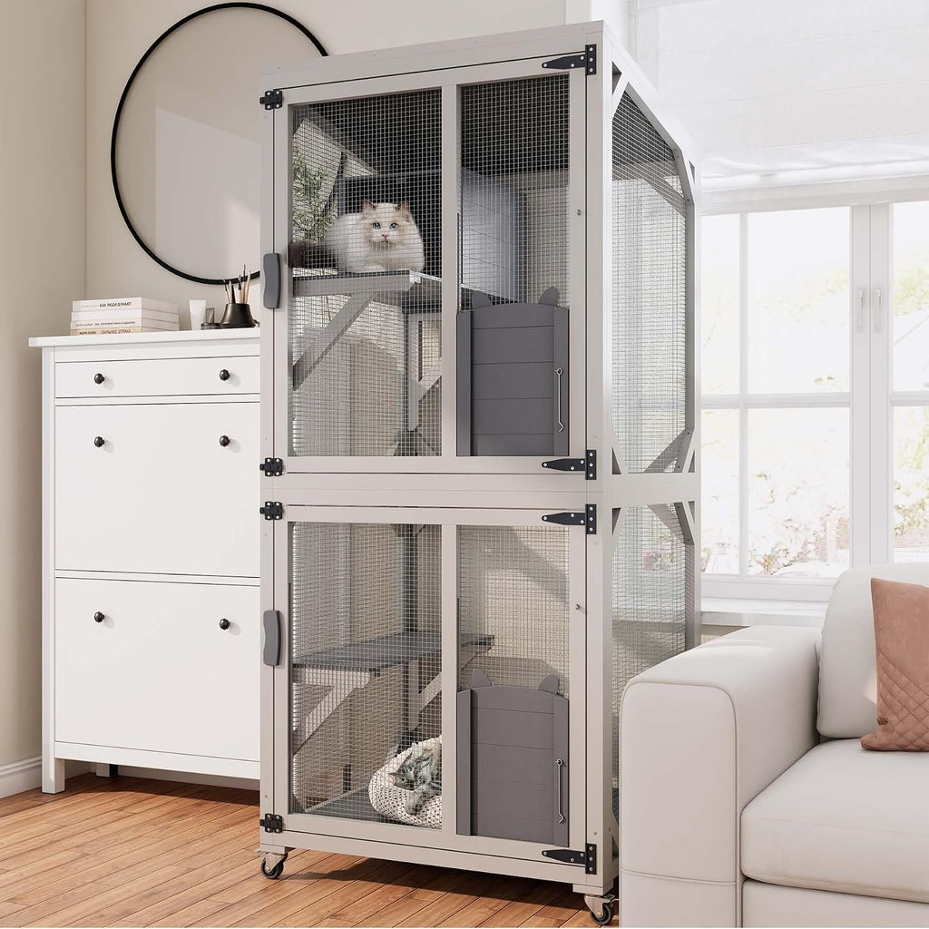 74 Inch Catio Outdoor Cat Enclosure, Tall Indoor Catio with Wheels & Platforms for Cats, Wooden Cat Cage Outdoor &