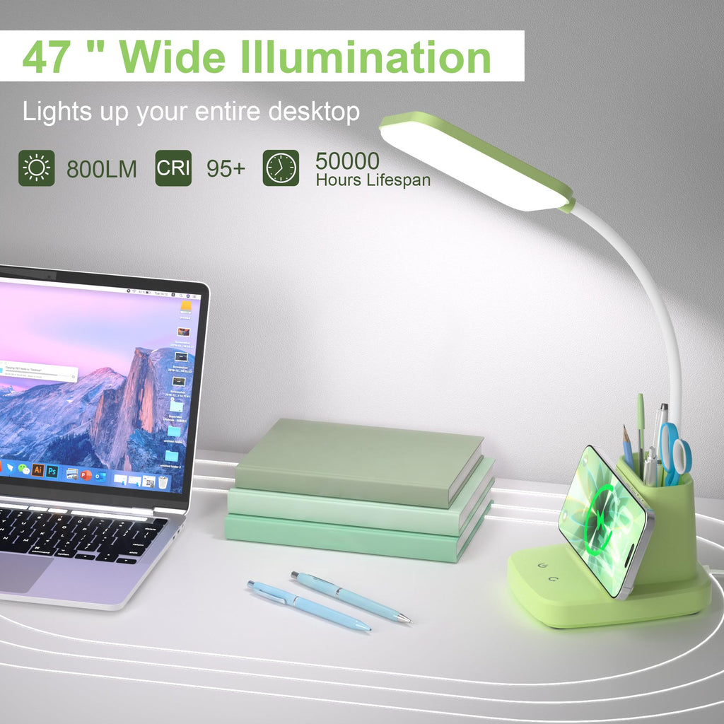 LED Desk Lamp with 10W Wireless Charging & Pen Holder, Light Green