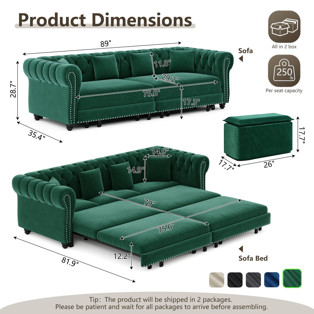 89'' Pull Out Couch King, Velvet Chesterfield Sleeper Sofa Bed, Green