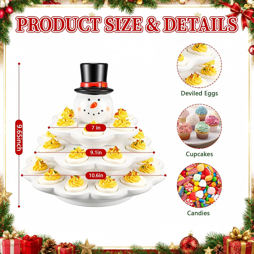 4 Layer Ceramic Snowman Christmas Tree Deviled Egg Platter, 26 Hole