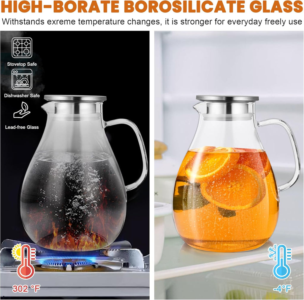 3 Litre 101oz Glass Pitcher Jar with Lid and Nozzle, 3.17Quart Cold/Hot Water Glass Water Bottle, Ice Tea for