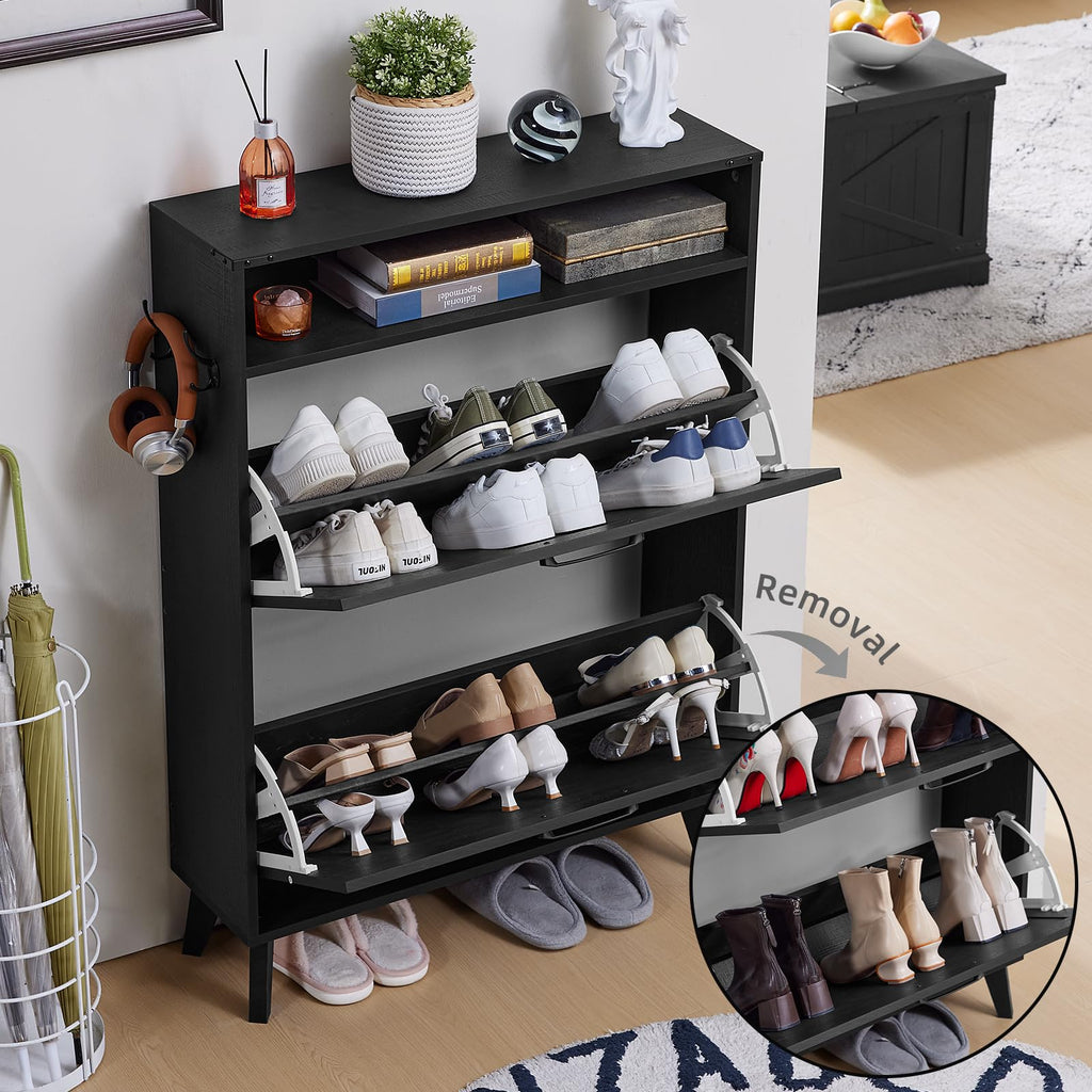 Narrow Shoe Cabinet with 2 Flip Drawers, Black