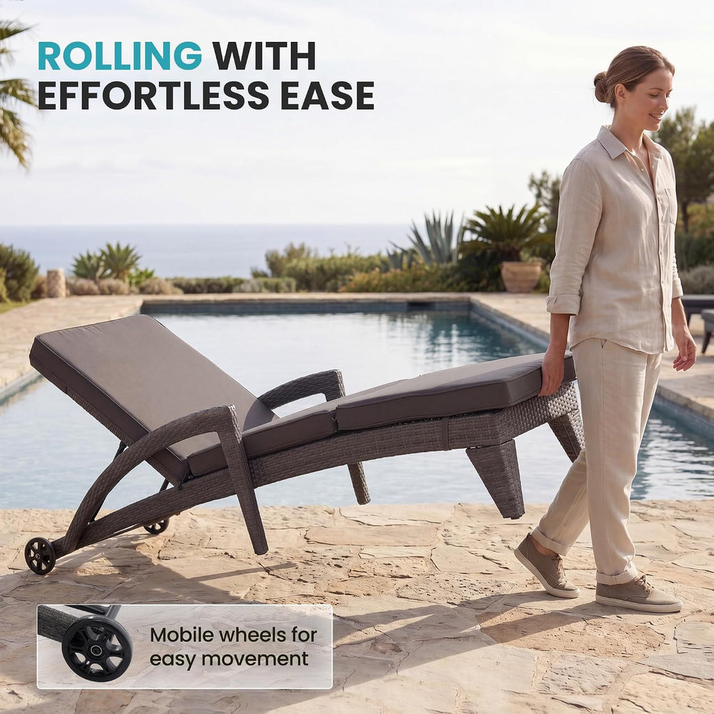 Patio Chaise Lounge Set of 2, Wicker Lounge Chairs Outdoor with Wheels, Wicker Chaise Lounges with Armrests All