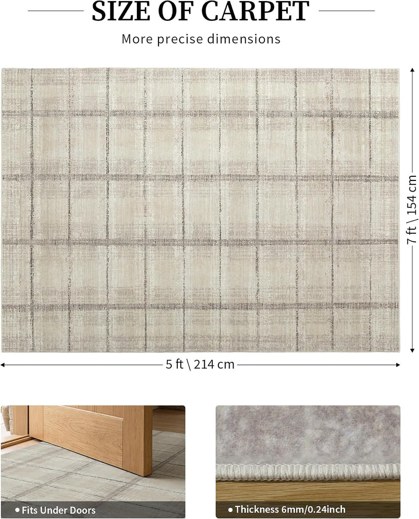 Beige Grey Distressed Plaid Area Rug