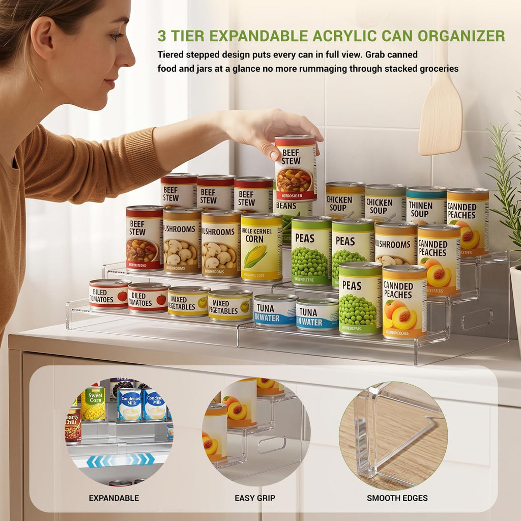 Expandable Acrylic Can Organizer for Pantry, Holds 24 Cans