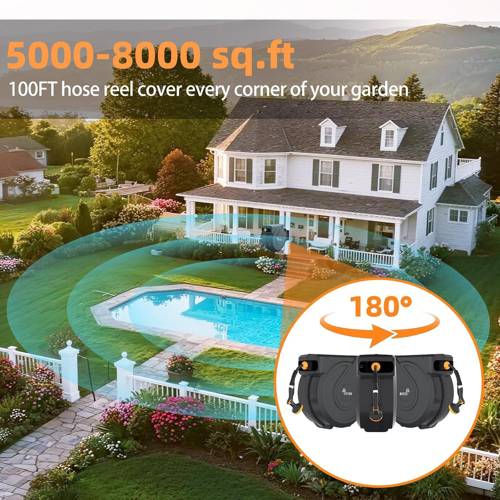 Retractable Garden Hose Reel 5/8 in x100 ft, Wall Mounted Hose Reel | 10- Function Sprayer, Any Length Lock,Automatic