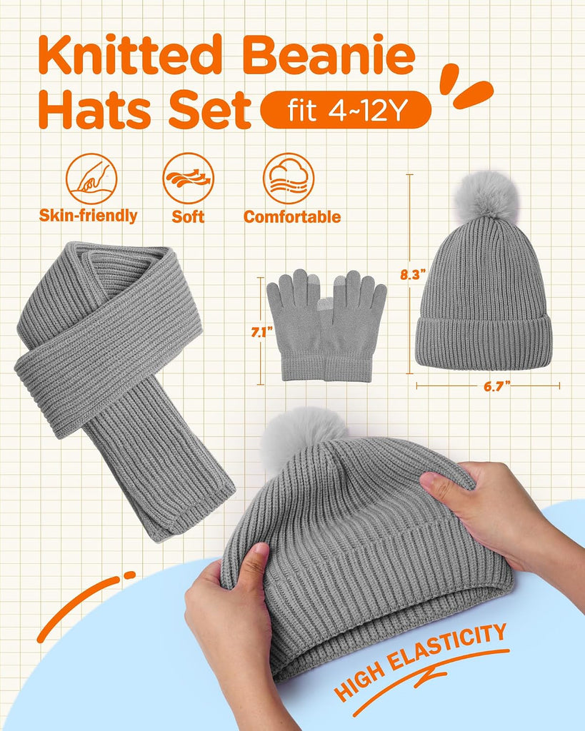 Kids Winter Hat Gloves Scarf Set Children Pompom Knit Beanie Warm Gloves with Thick Fleece for Boys Girls