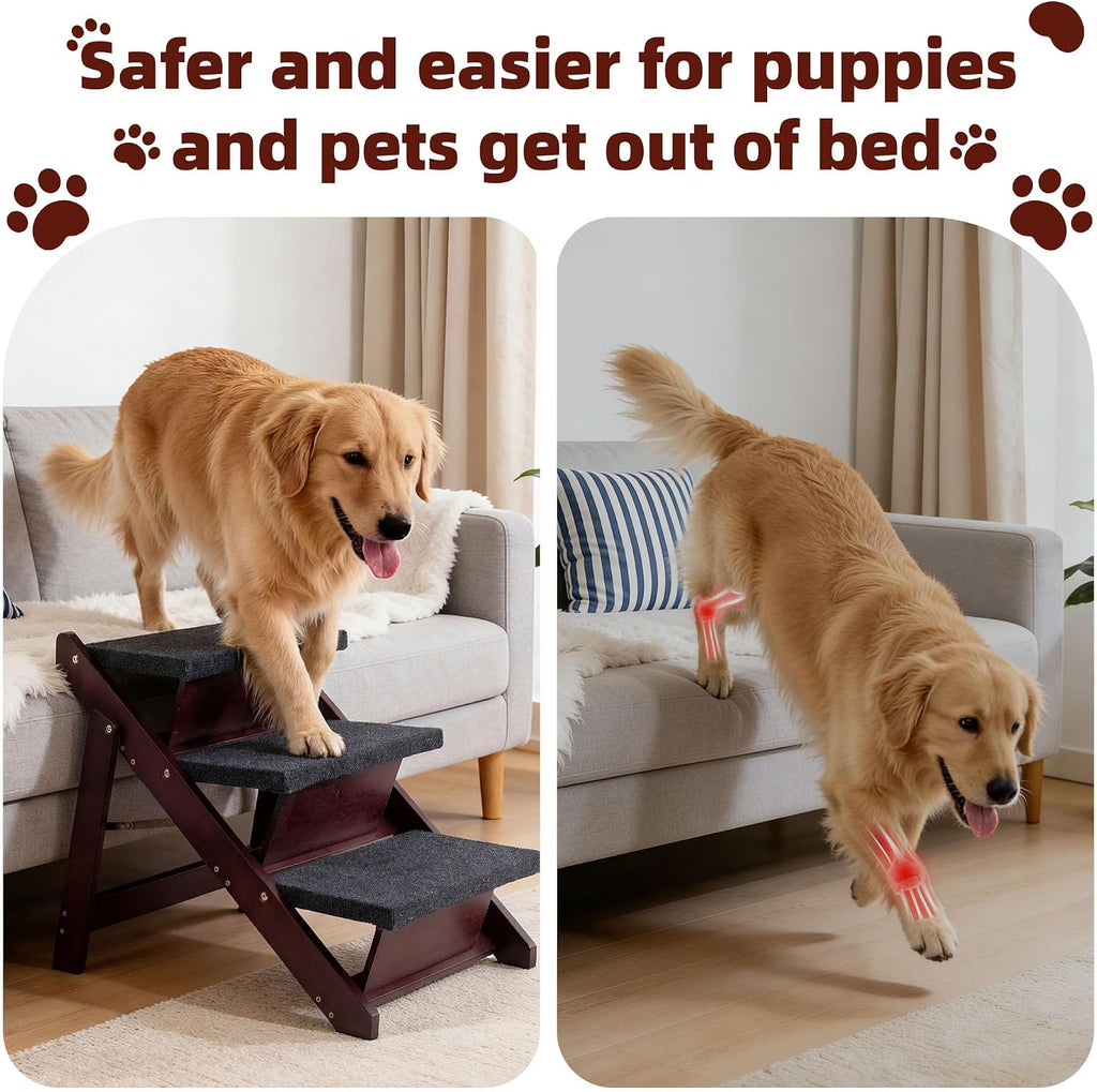 Wooden Pet Stairs - 3 Step Foldable Ramp for Senior Dogs & Cats