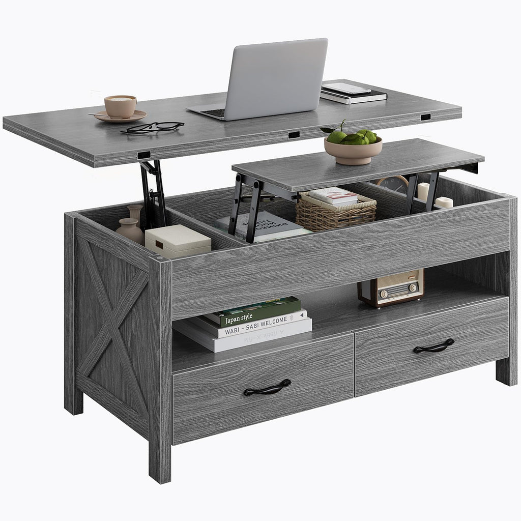 40" Lift Top Coffee Table, 4 in 1 Coffee Table with Hidden Compartment, 1 Open Shelf and 2 Drawers, Multifunctional