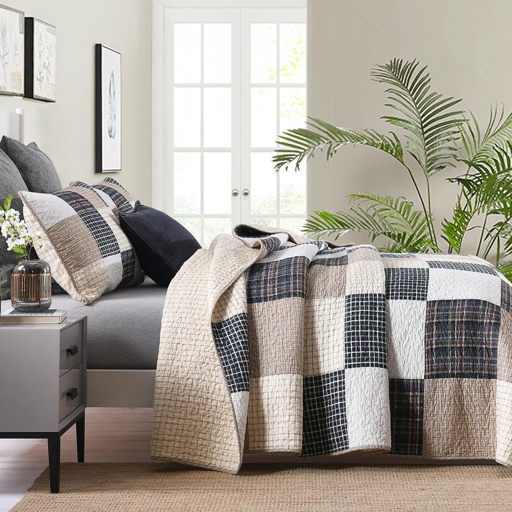 Quilt, Patchwork Plaid Quilt Set/Brown/Beige/Charcoal