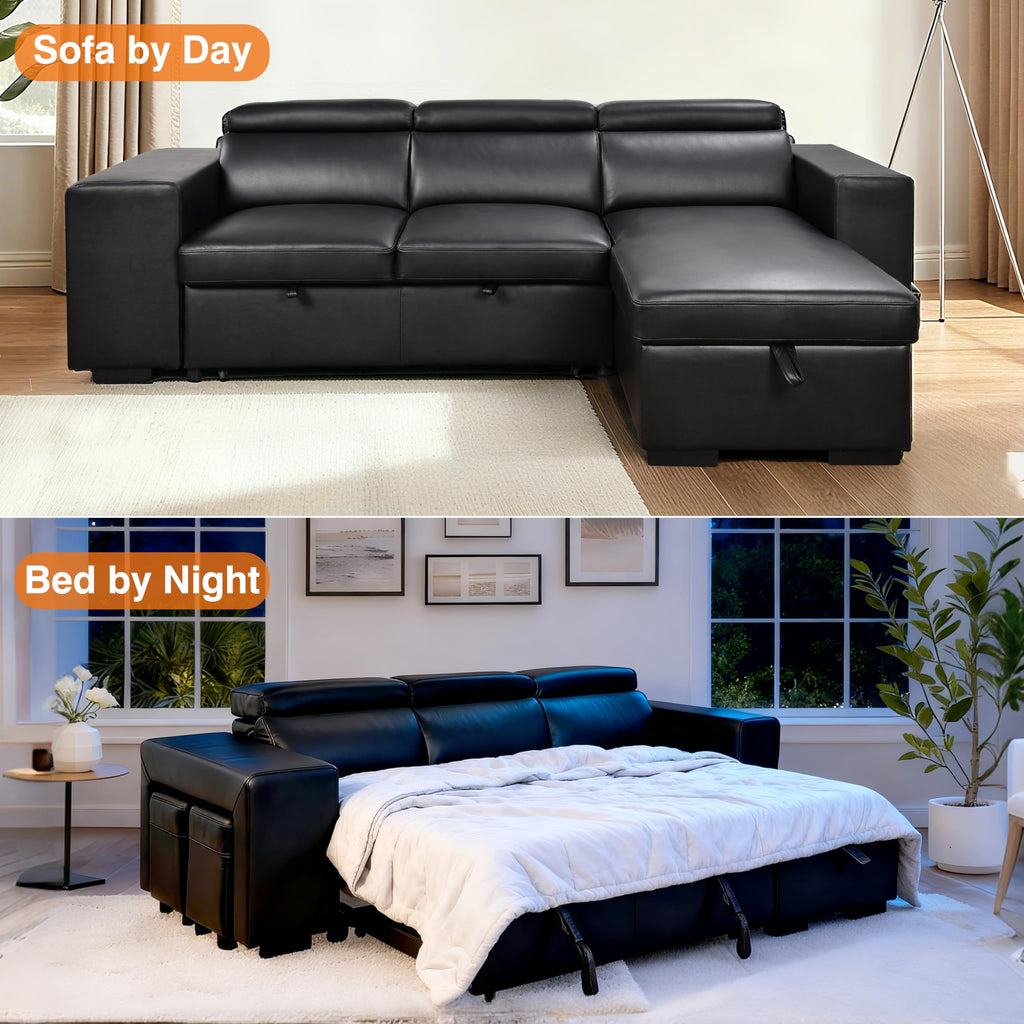 102'' Black Leather L Shaped Sectional Sleeper Sofa with Pull Out Bed