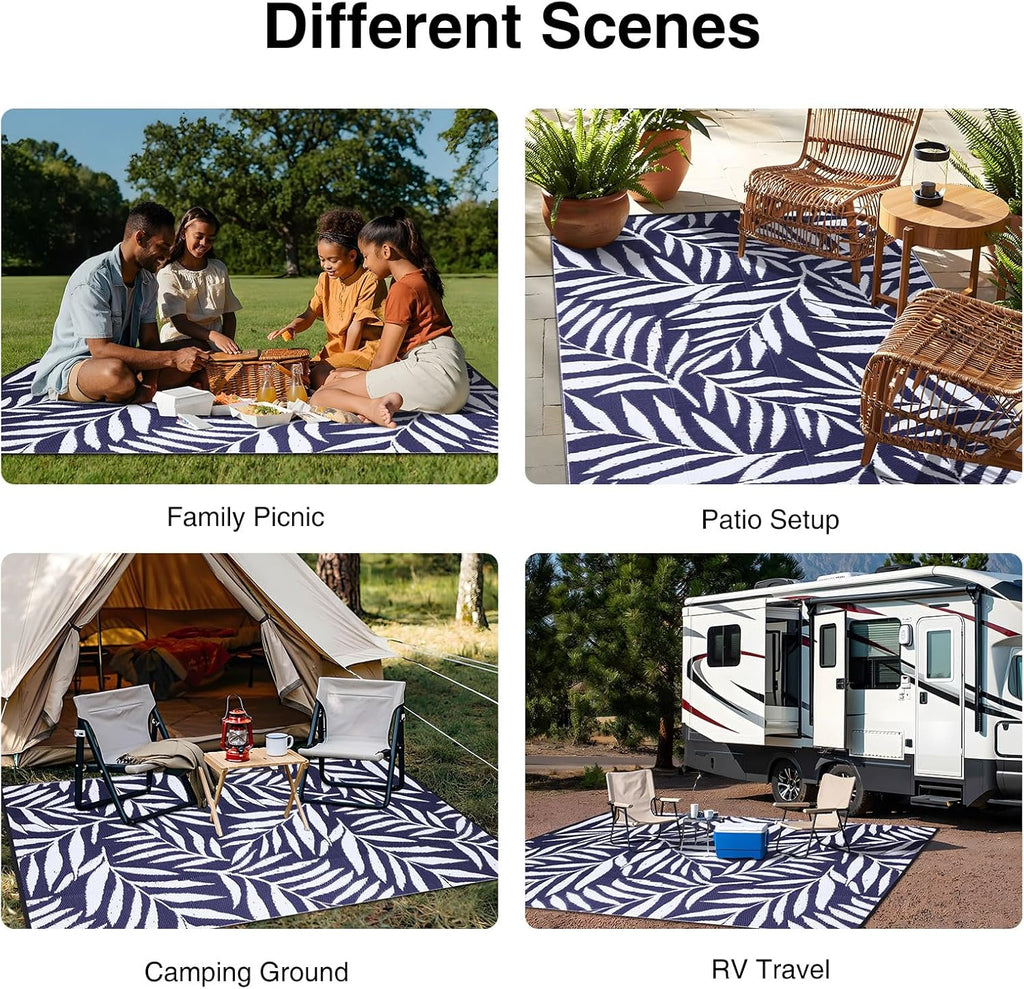 Waterproof Outdoor Rug 9x12 ft, Reversible Outdoor Plastic Straw Rug with Leaf Pattern, RV Mat, Indo