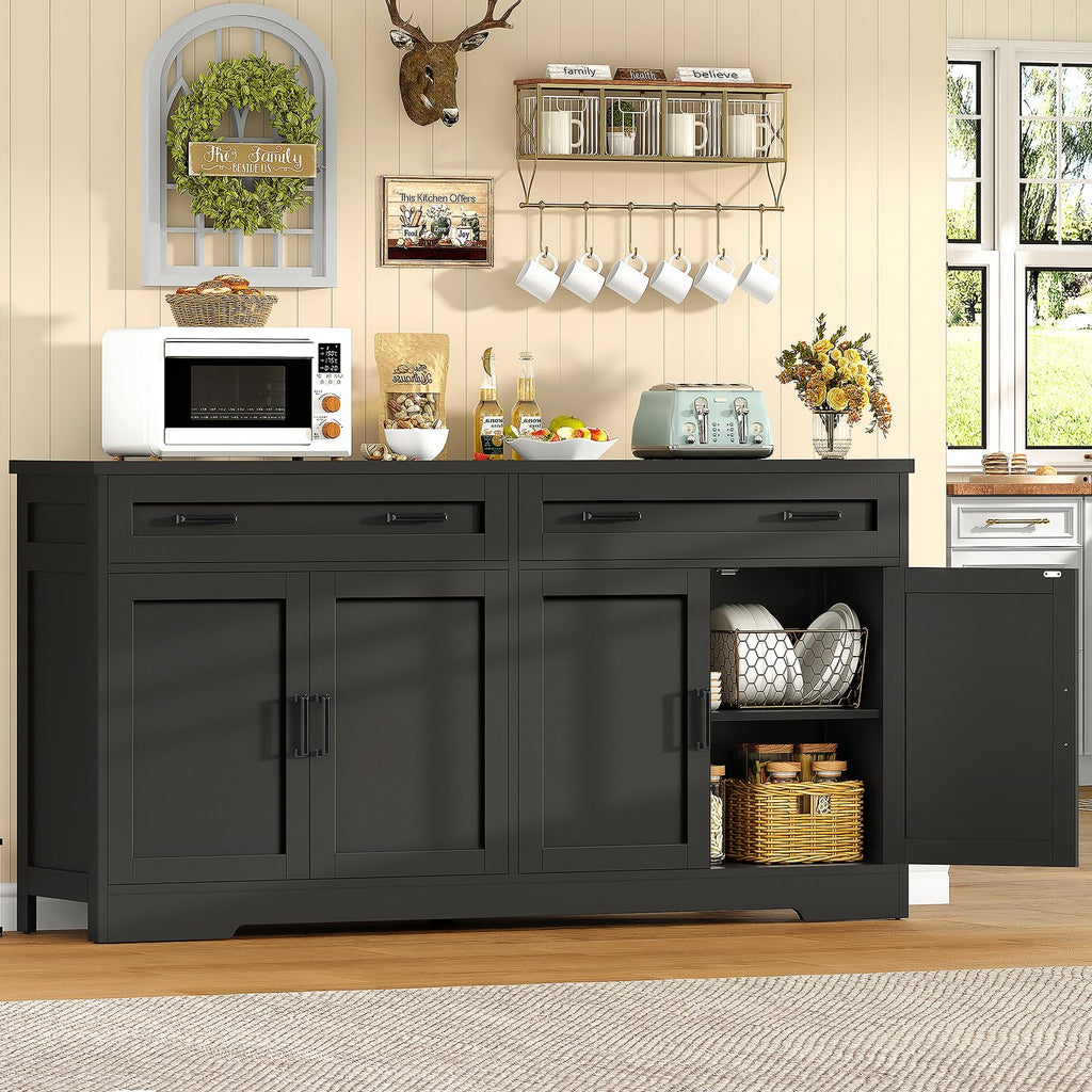 63" Buffet Cabinet with Storage, Sideboard Cabinet with 2 Adjustable Shelves and 4 Doors, Modern Farmhouse Coffee Bar