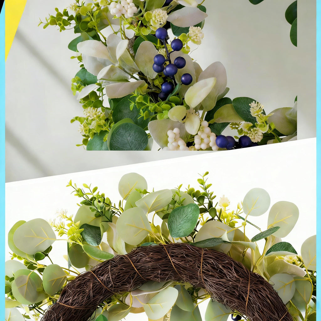 22 Inch Wreaths for Front Door, Green Spring Summer Wreath with Faux Lamb's Ear, Eucalyptus Leaves, White & Blue