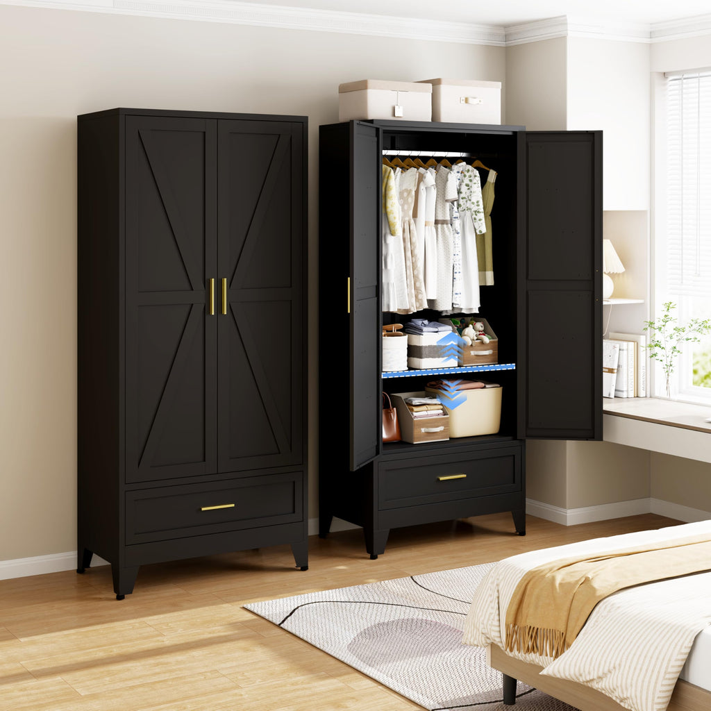 71" Metal Wardrobe Closet Clothing Storage Cabinet with 1 Drawers