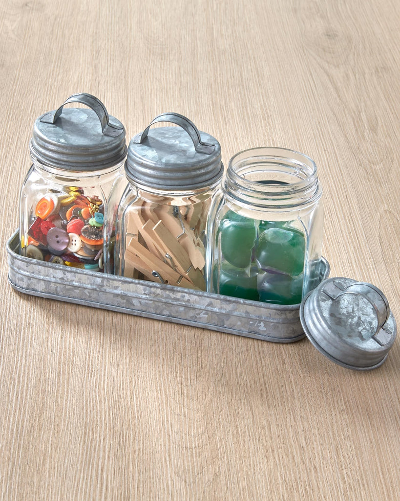 Set of 3 Glass Kitchen Canisters with Galvanized Metal Tray