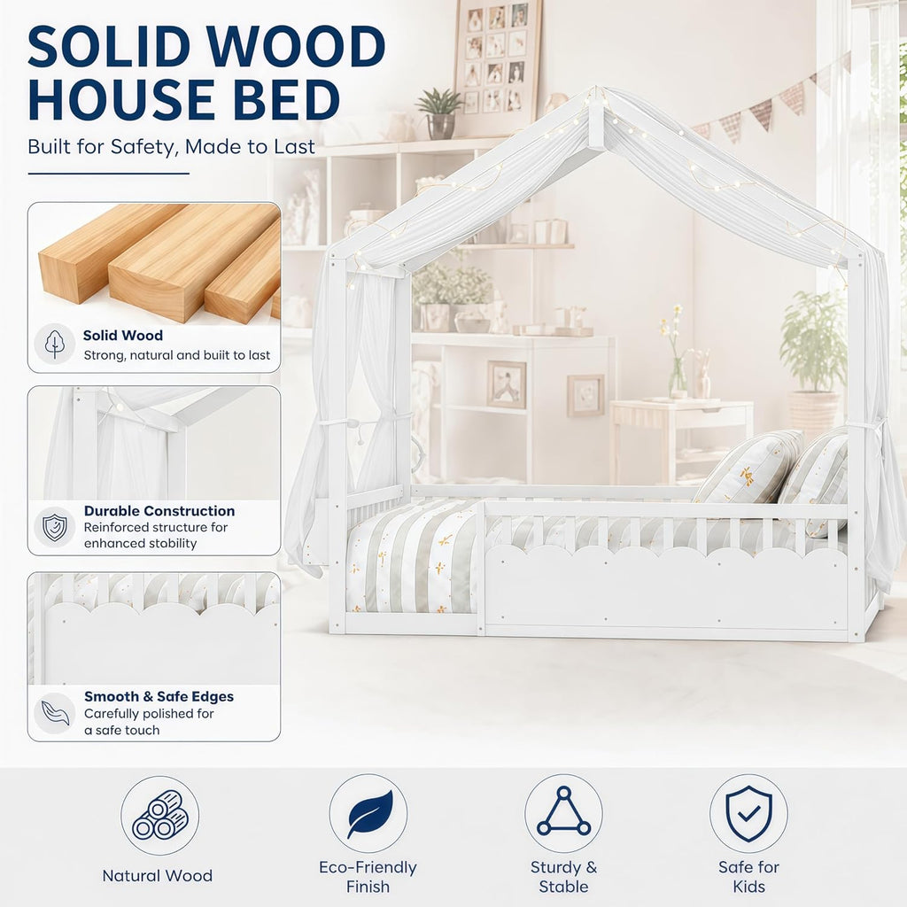 Floor Bed Frame, Wooden Canopy House Bed Frame, White