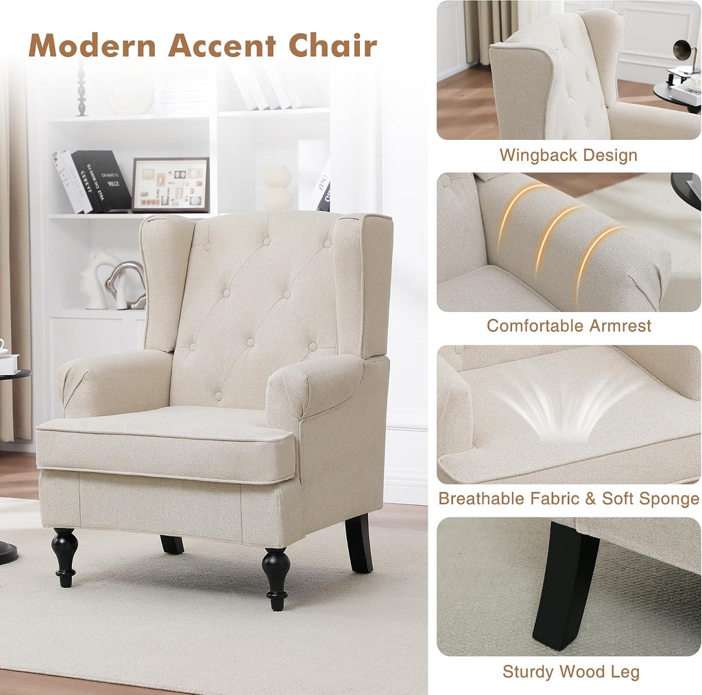 Accent Chair Set of 2, Mid Century Modern Fabric Wingback Chair, Upholstered Armchair with High Back and Vintage