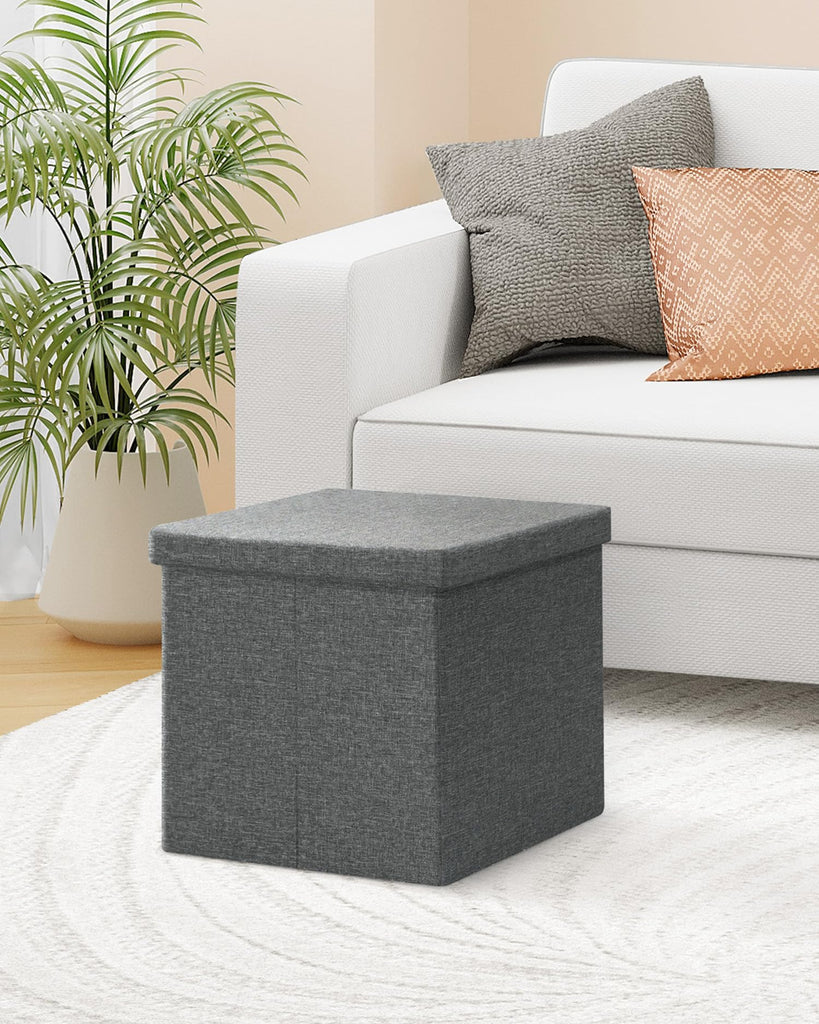 Storage Ottoman with Tray, 16" Linen Small Ottomans Cube, Grey