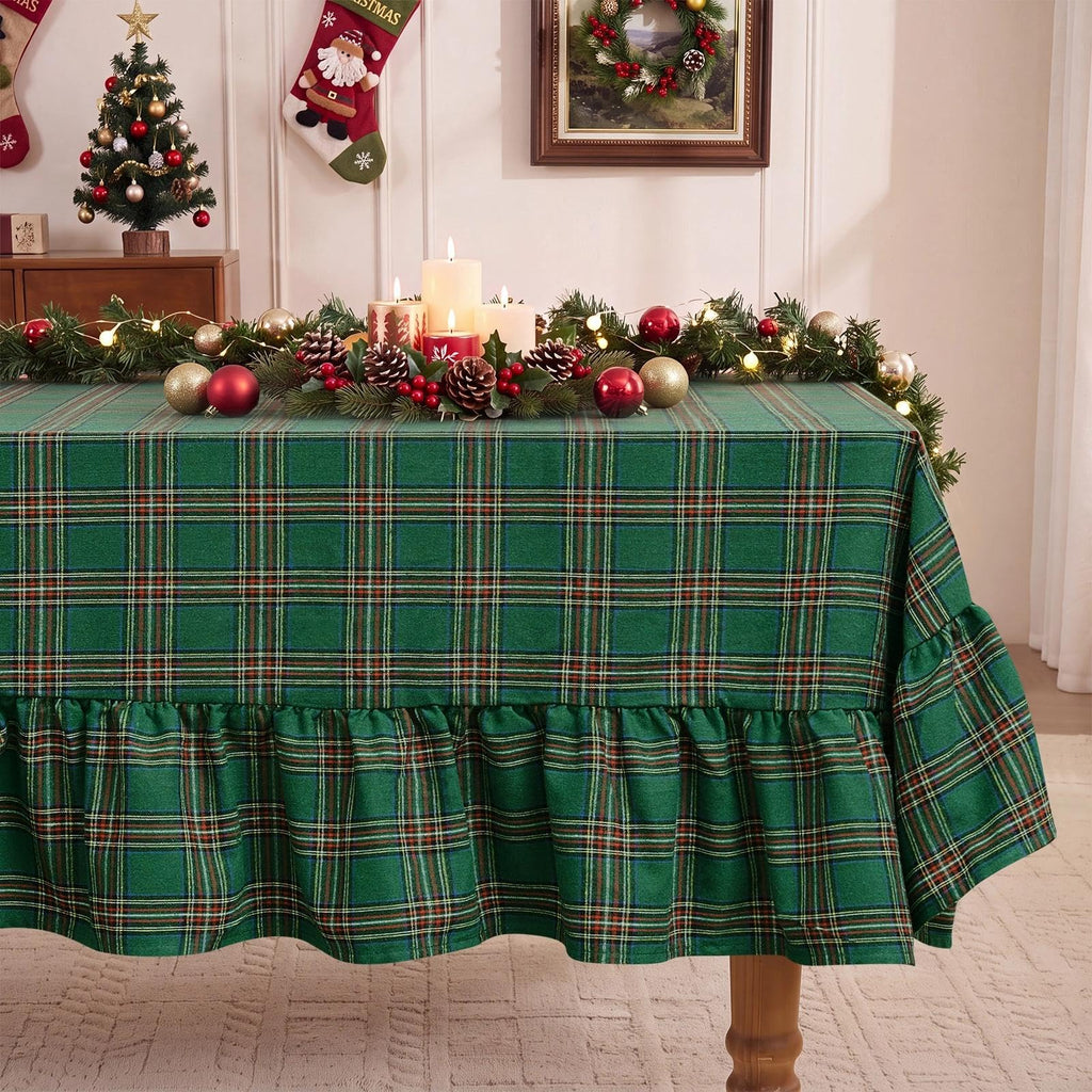 Christmas Plaid Ruffled Tablecloth Rectangle, 60x84 Inch Green