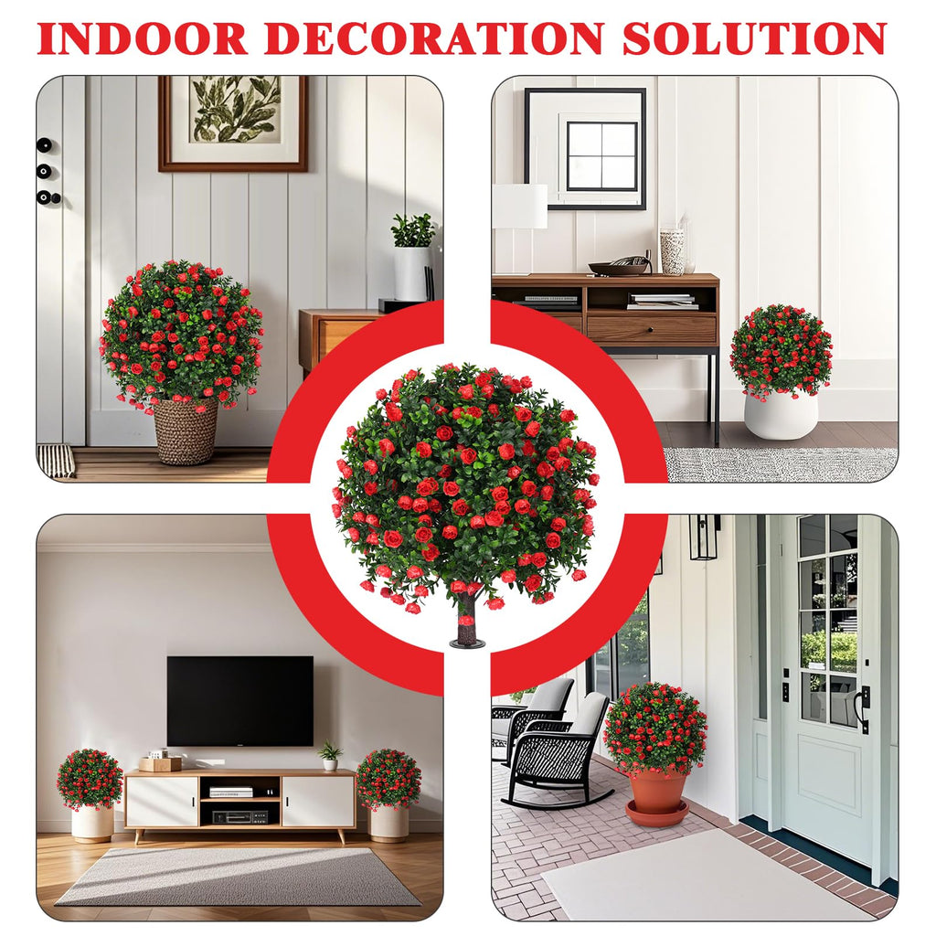 Set of 2 Artificial Boxwood Topiary Trees with Rose for Outdoor