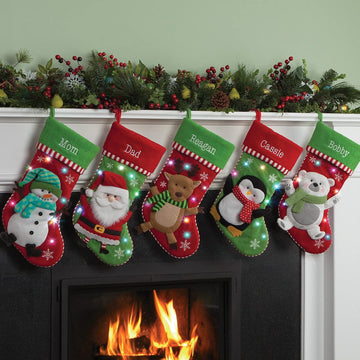 Reindeer with LED Lights and Name Embroidery | 3-D Character Stocking with Colorful Twinkling Lights | Green Cuff