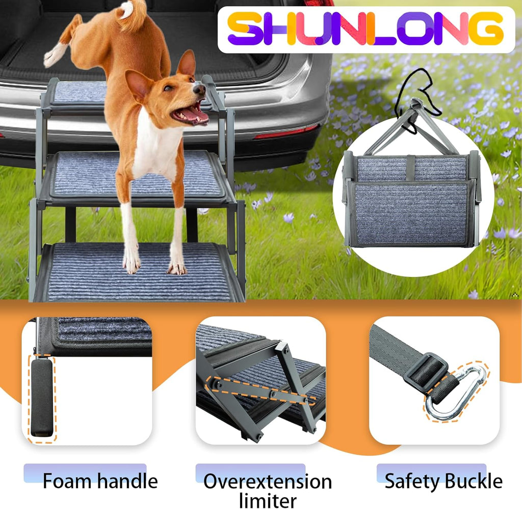 Dog Ramp for Car Truck and SUV Dog Stairs for Large Dogs Folding Pet Stairs with Non-Slip Rug Surface Supports Up to