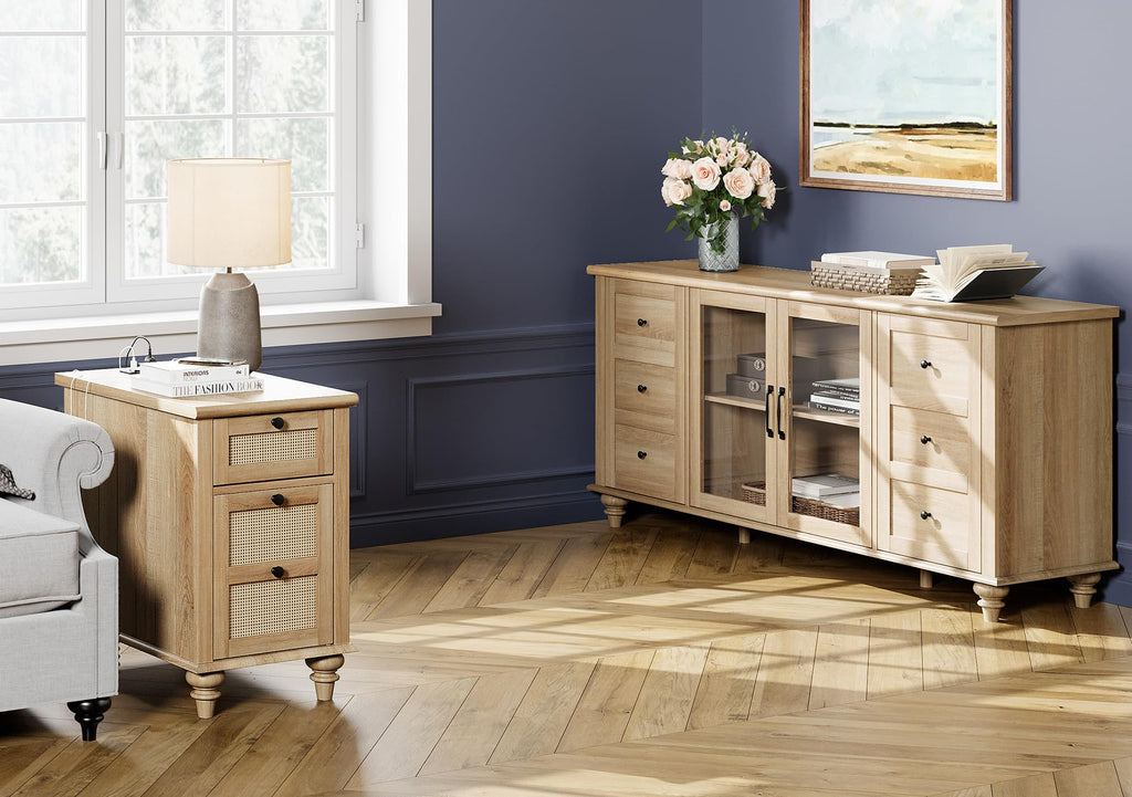 Tall Side Table with Charging Station, Rattan Night Stand with Drawer & Cabinet, Narrow Wooden with Power Outlets &