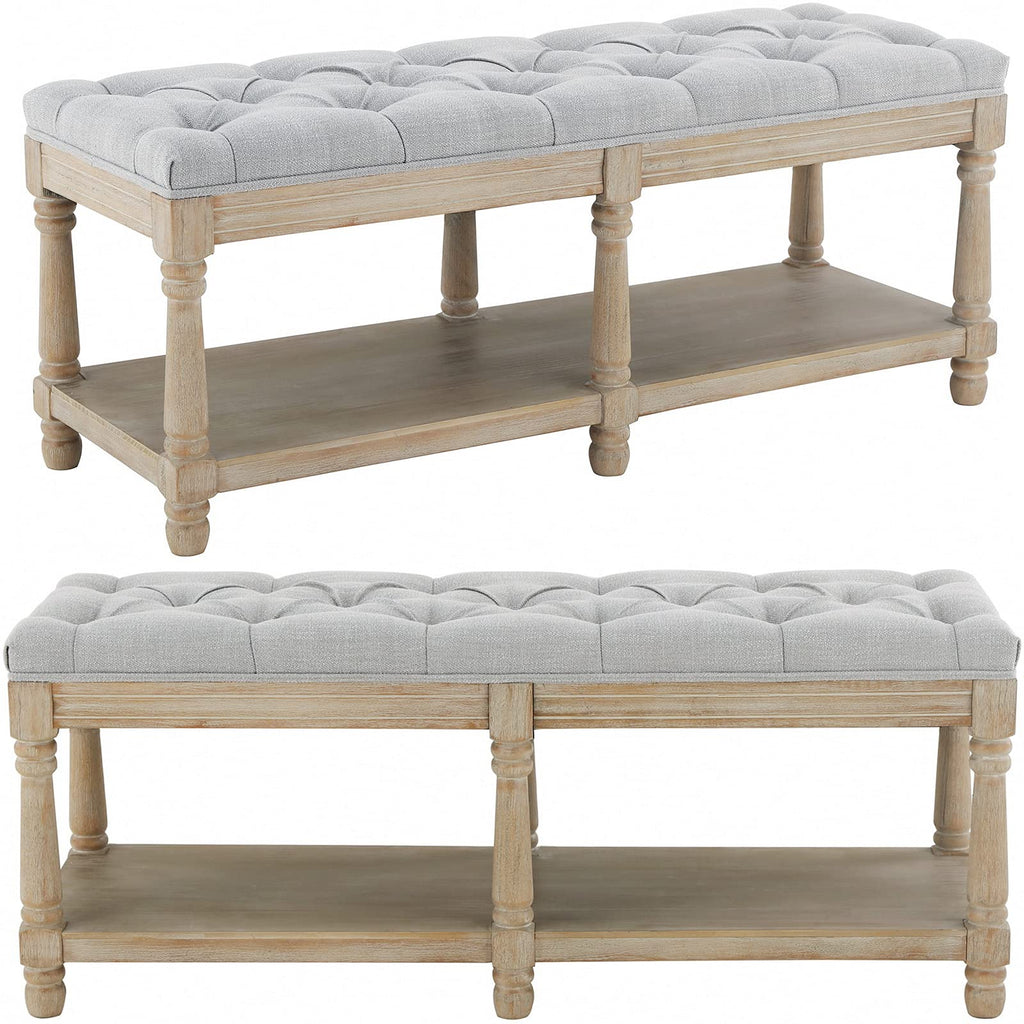 Farmhouse French Storage Bench, Upholstered End of Bed Shoe Bench 45 Inch, Wood Tufted Bedroom Bench, Dining