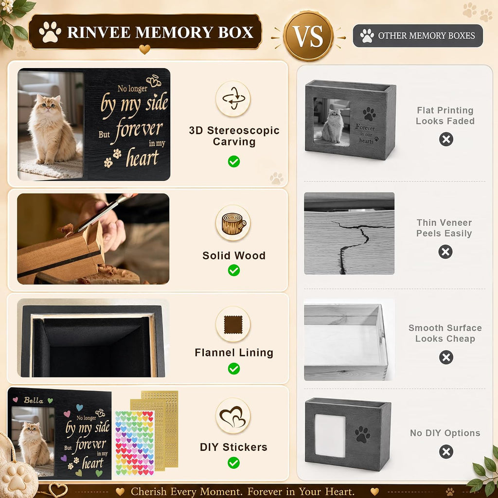 Pet Urns for Cats or Dogs Ashes with Photo Frame, Wooden Memory Box for Keepsakes with Black Flannel as Lining, Cat