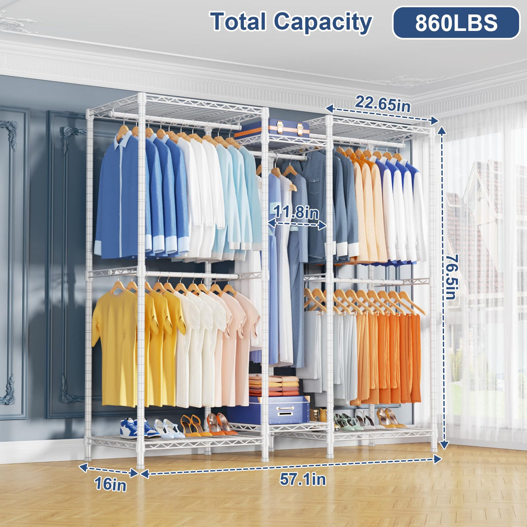 E12 Clothes Rack, Heavy Duty Freestanding Garment Rack with Shelves, Clothing Closet Storage System for Hanging