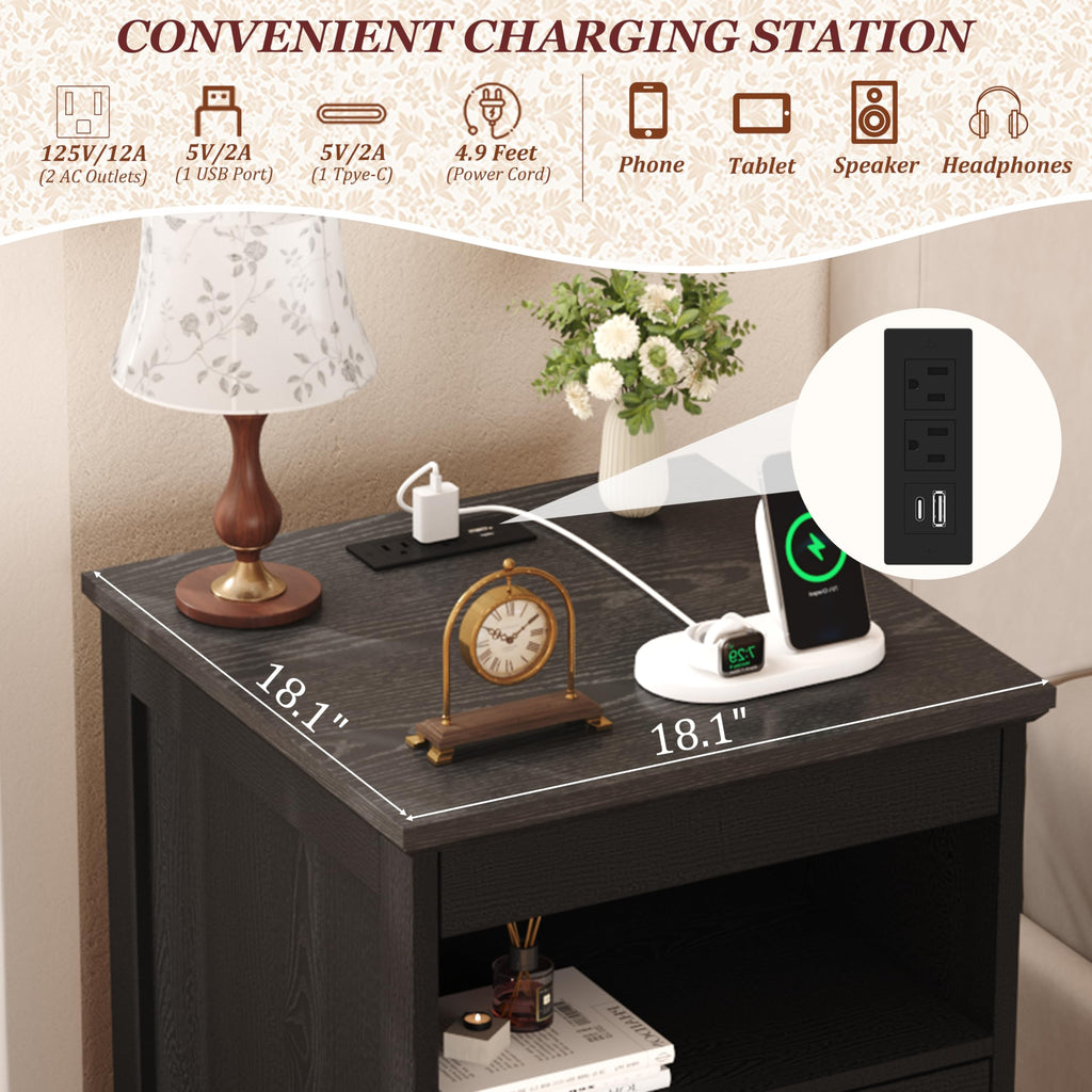 Farmhouse Night Stand with Gun Drawer & Invisible Lock, 25" Tall Bedside Table with Charging Station, End Table with