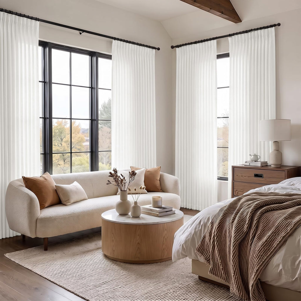90 Inch Pinch Pleated Sheer Linen Blend White Curtains