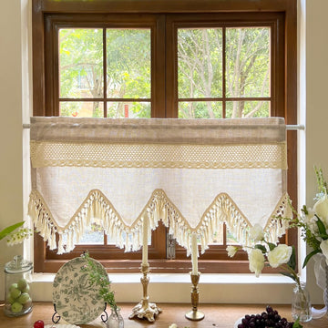 Boho Crochet Linen Sheer Lace Curtain Valance for Window Kitchen Oven Apron
