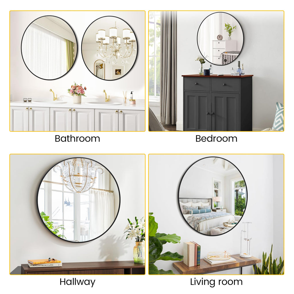 20 Inch Black Round Wall Mirror, Circle Mirror Metal Frame, Vanity, Entryway, Bedroom, Living Room, Wall Mounted
