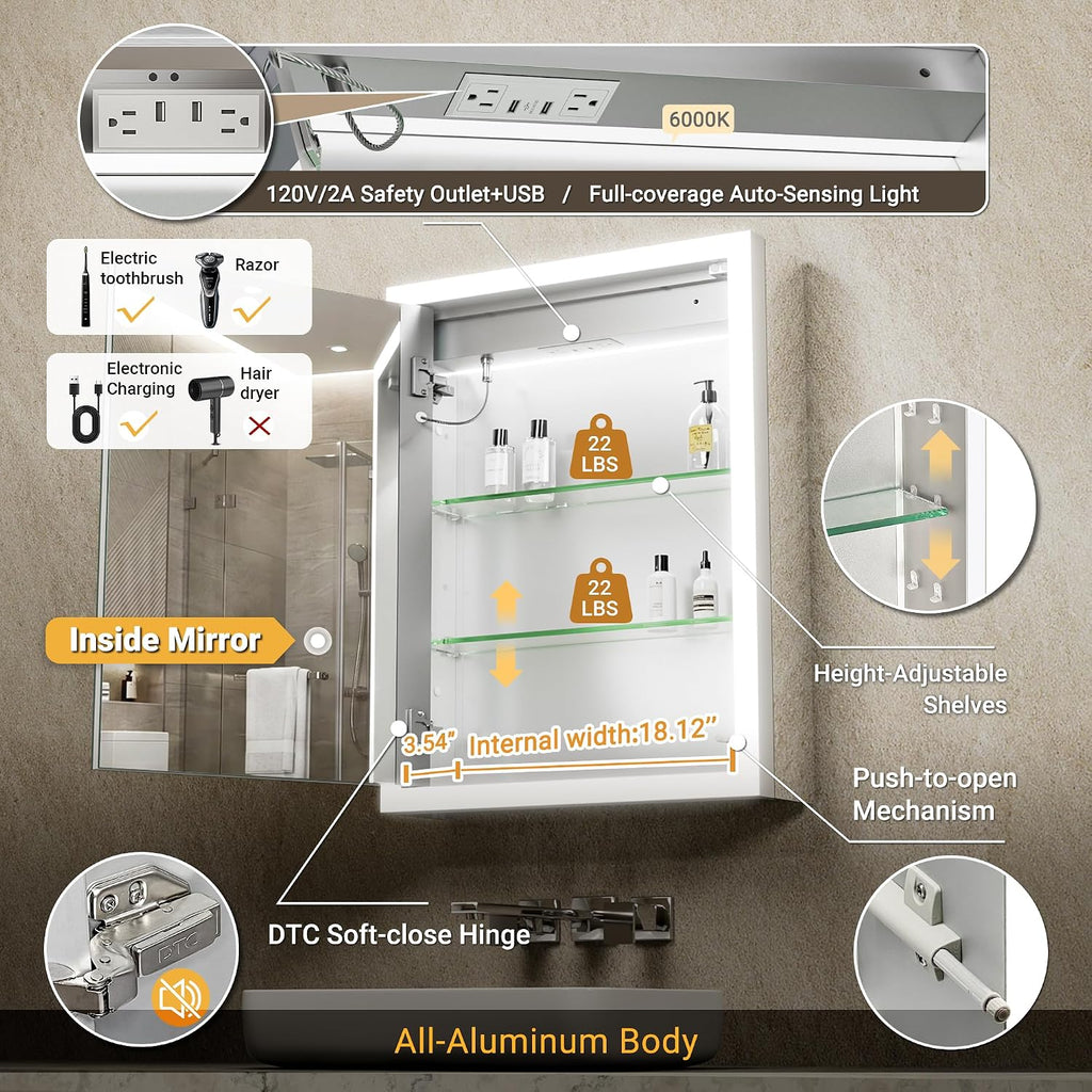 Lighted Medicine Cabinet with Mirror & Clock -20x26 Surface or Recessed Aluminum Medicine Cabinet with Dimmable Light